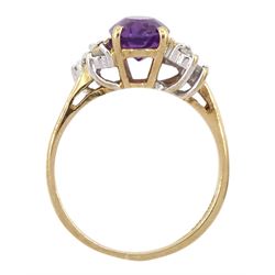 9ct gold oval cut amethyst and round brilliant cut diamond ring, hallmarked