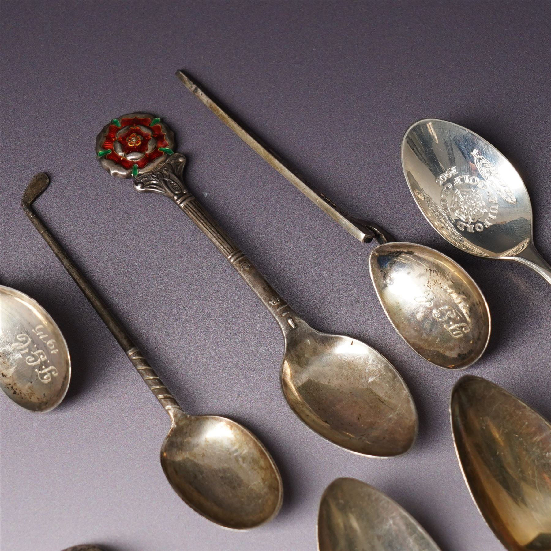 Quantity of assorted silver cutlery including sauce ladle, Victorian caddy spoon, various teaspoons, golf club spoons etc
