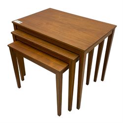 1970s nest of three teak and afromosia occasional tables (W58cm, H42cm, D37cm); 1970s nest of two teak tables; 1970s nest of two teak tables; 1970s nest of three teak tables 