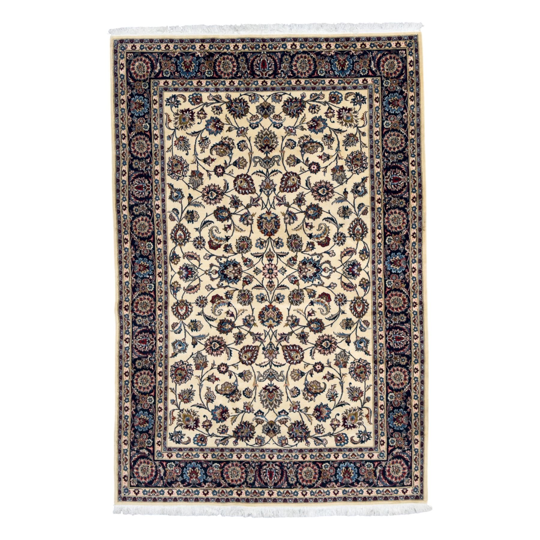 Northeastern Persian Meshed hand-knotted rug, ivory ground with an overall design of scrolling vines, palmettes, and rosettes in an indigo palette, soft blues, and madder, framed by a deep indigo border of lotus palmettes and flowerheads between multiple guard borders, 300cm x 202cm