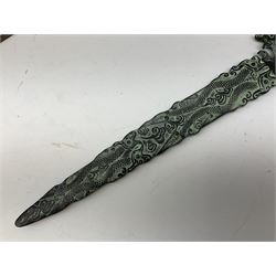 Patinated 'bronze' fantasy dagger, the 26cm blade, hilt and scabbard cast with dragons L50cm overall; hand forged iron spearhead L29.5cm; and a stiletto blade (3)