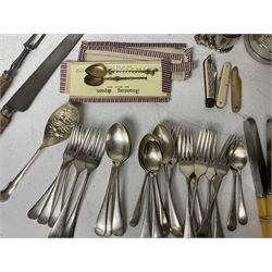 Victorian ebonised wooden desk stand, with brass mounts and two glass inkwells, together with two pewter tankards with Masonic engravings, two pewter quaiches, horn handled carving set, the fork with silver mounts and a collection of other metalware
