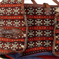 South West Persian Qashqai bag, woven body decorated with bands of geometric motifs in red, ivory and dark tones, with leather fittings and straps, underside with flatweave stripped bands 