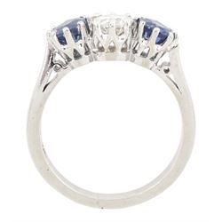Platinum three stone round cut diamond and cornflower blue sapphire ring, Birmingham 1995, diamond approx 0.50 carat, total sapphire weight approx 1.15 carat