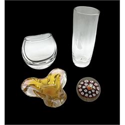 Vicke Lindstrand for Kosta glass vase of flattened ovoid form, the body with deep purple band from rim to rim, signed LH 1242 beneath, together with Orrefors glass vase, engraved with female figure with birds, signed beneath, art glass bowl and paperweight (4) tallest H23.5cm