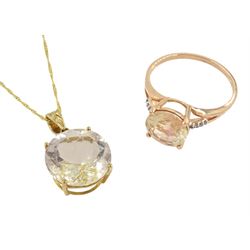 9ct gold rutile quartz pendant necklace and a 9ct rose gold pink / peach stone set ring, with white sapphire shoulders