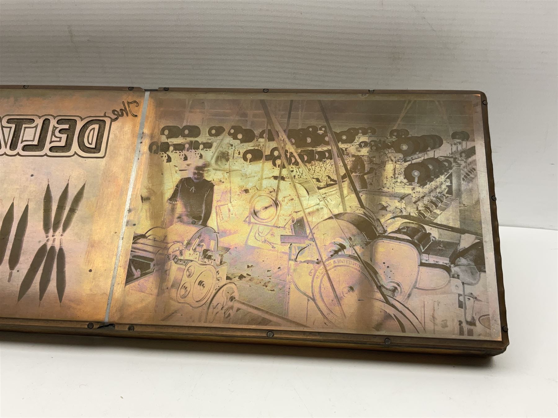 Copper plate printing block, depicting Delta Mill, L52cm