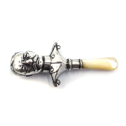  Novelty silver babies rattle modelled as Lord Kitchener, with mother of pearl handle by Crisford & Norris Ltd, Birmingham 1914  