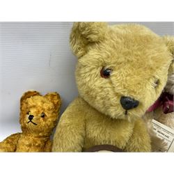 Dean's Rag Book limited edition teddy bear 'Bell Bear' No.221/1500 H32cm; Chad Valley Chiltern Hygenic teddy bear seated holding a honey pot; 1960s plush covered 'Sooty' teddy bear; and another smaller plush covered teddy bear (4)