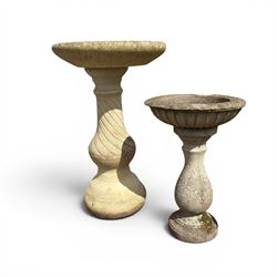 Large cast stone bird bath, circular bowl on spiral column; and a small three piece bird bath (2)