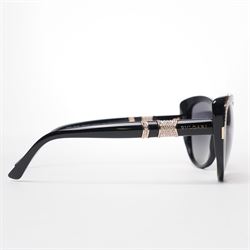 Bulgari - pair of oversized cat-eye sunglasses, with gradient tinted lenses in a black frame, the temples and arms with gold-tone hardware inset with pave-jewelled hinge detail, with original cloth pouch, hard leather case and box