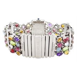 Corum Potpourri ladies stainless steel multi gemstone set quartz wristwatch, Ref. 137.520.47, serial No. 1710972, pink mother of pearl dial, diamond set bezel, on a multi gemstone set bracelet