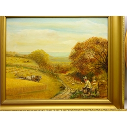  Harvesting, 20th century oil on board signed, Rural Cottage, oil on canvas signed, Mother and Child, 19/20th century stipple engraving etc max 60cm x 120cm (qty)  