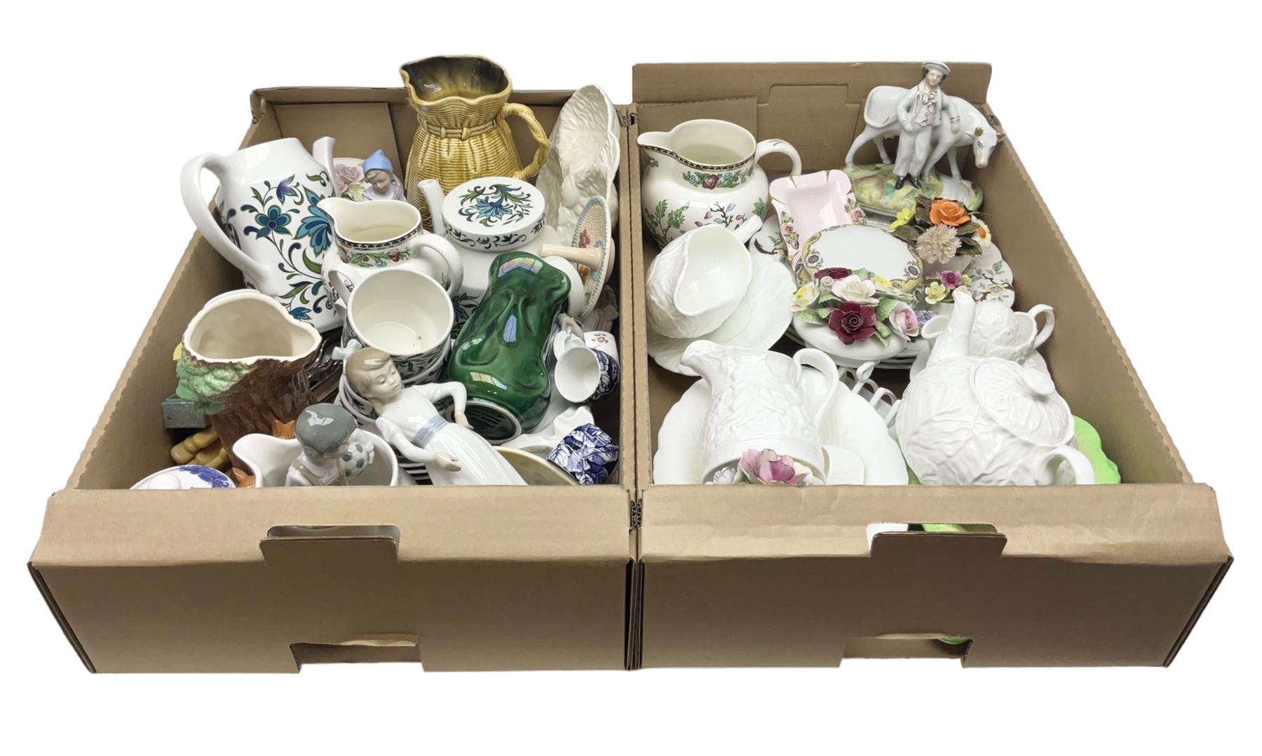 Wedgwood and Coalport 'Countryware' pattern ceramics, to include teapot, toast rack, napkin rings, jug, oval dish, sauce boat and saucer, etc, together with other ceramics to include Hornsea Fauna vase, Sylvac Apple Blossom pattern bowl, Sylvac jug in the form of a sack, no. 406, two Nao figures, tea wares, silver plated cutlery etc