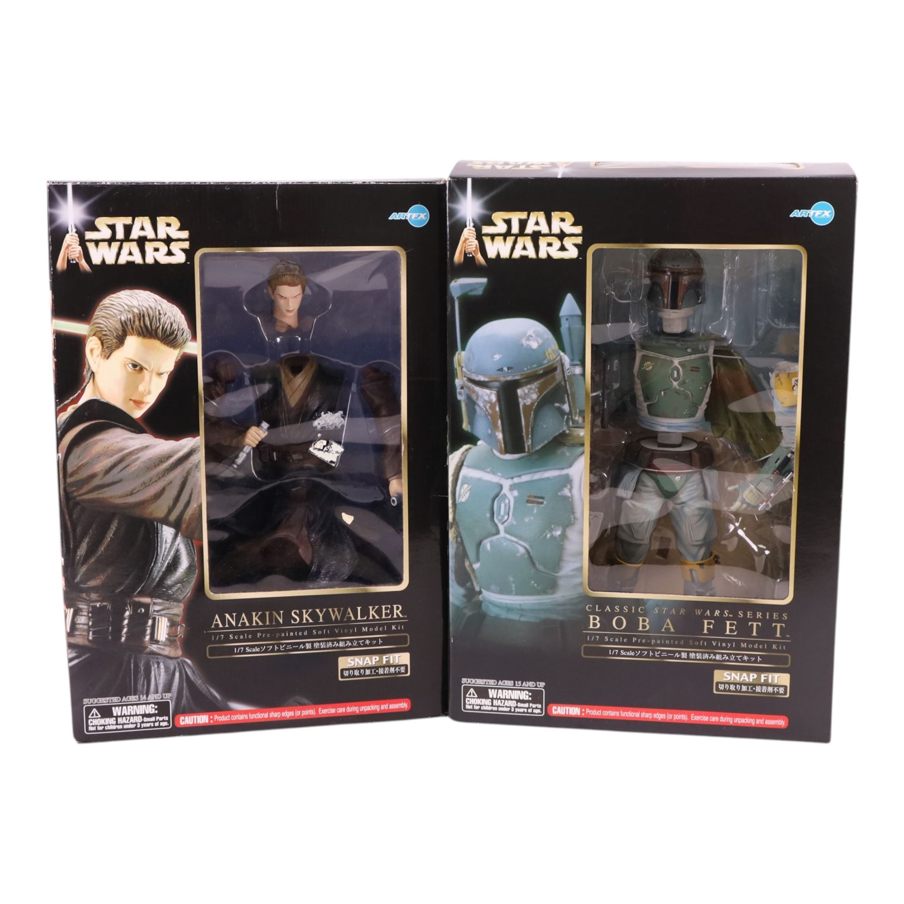 Two Kotobukiya ArtFX Star Wars 1:7 scale pre-painted soft vinyl model kits, comprising Anakin Skywalker and Boba Fett, both boxed