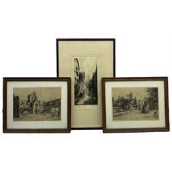 Gertrude Hayes (British 1872-1956): 'Royal Agricultural College Cirencester' and 'The Quadrangle', pair etchings signed in pencil; Percy J Westwood (British 1878-1958): 'Rouen' France, etching signed and titled in pencil max 21cm x 29cm (3)