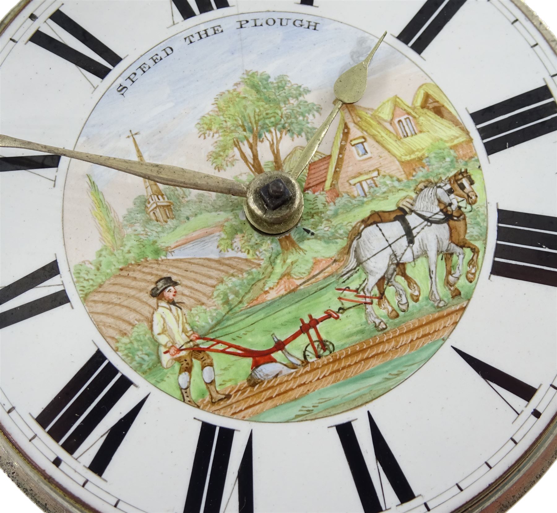 William IV silver pair cased verge fusee pocket watch by J C Heselton, Beverley, No. 1082, pierced and engraved balance cock decorated with a mask, enamel polychrome 'Speed the Plough' dial with Roman numerals, bull's eye glass, case by Benjamin Norton, London 1831