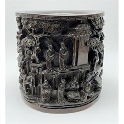 Large late 18th/early 19th century Chinese Zitan brush pot, depicting The Gathering at the Orchid Pavilion, carved in high relief with figures in various pursuits and animals upon rocky ledges, interspersed with pine trees, bamboo, pagodas and auspicious clouds, H20cm D20cm