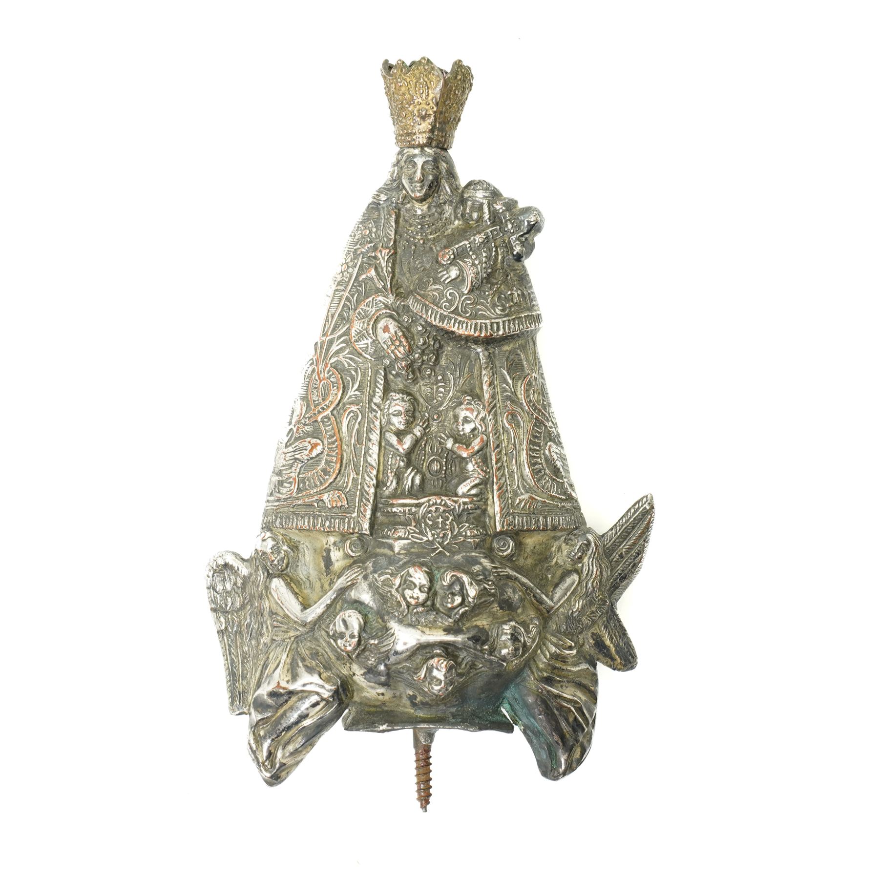 Italian olive wood plaque carved with a manger scene D13cm, continental silver plated processional finial formed as BVM and child and an Italian carved polychrome figure of a saint H15cm (3)