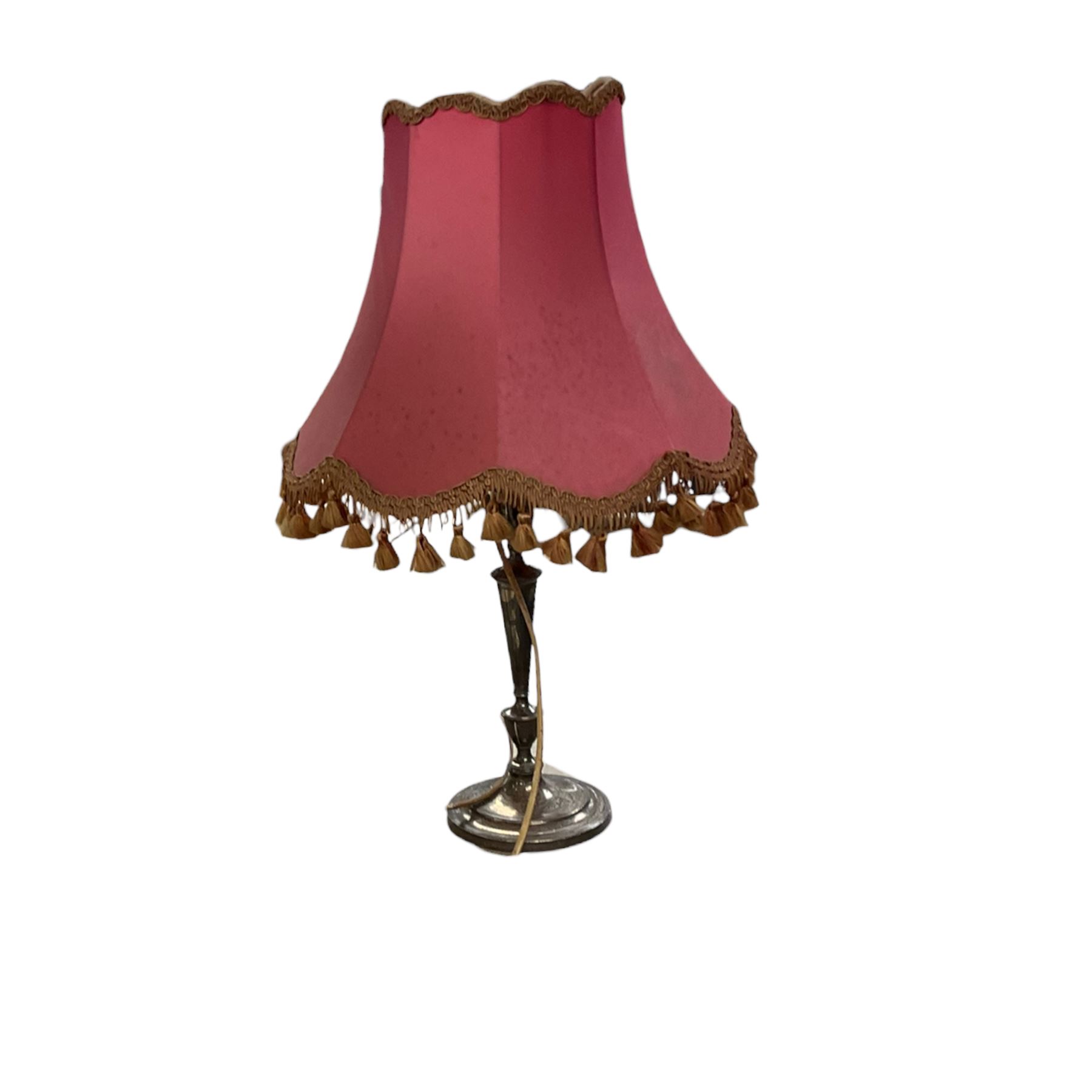 Table lamp from converted silver plated candlestick, together with another candle stick