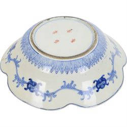 Group of 19th century Japanese Imari porcelain, Meiji period, comprising pair of lobed dishes, decorated stylised reserves and painels in blue and gilt upon a red ground, H6.5cm D21.5cm, a pair of plates of circular lobed form, decorated with a central panel depicting a vase beneath pine branches, and surrounded by panels of flowers and stylised quatrefoil shapes, D21cm, and another similar example painted with a character in underglaze blue to the centre, with character mark beneath, D22cm, each with character marks beneath               