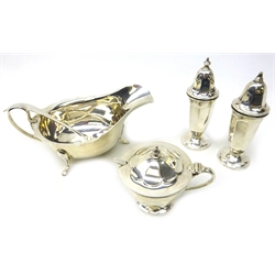  Silver sauce boat with matching ladle and a three piece cruet set both by Viner's Ltd Sheffield 1936/37, approx 10oz  