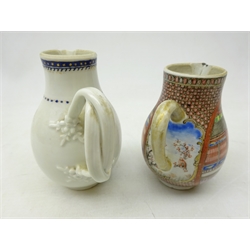  18th century Chinese Famille Rose Sparrow Beak porcelain jug, the reserve painted with figures in a landscape within a greek key border on daiper pattern ground, H11cm and another Chinese export sparrow beak jug with entwined strap handle and painted J.E.M monogram (2)  