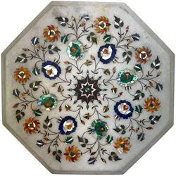White marble Pietra Dura coffee table top of octagonal form, inlaid with semi-precious sto...