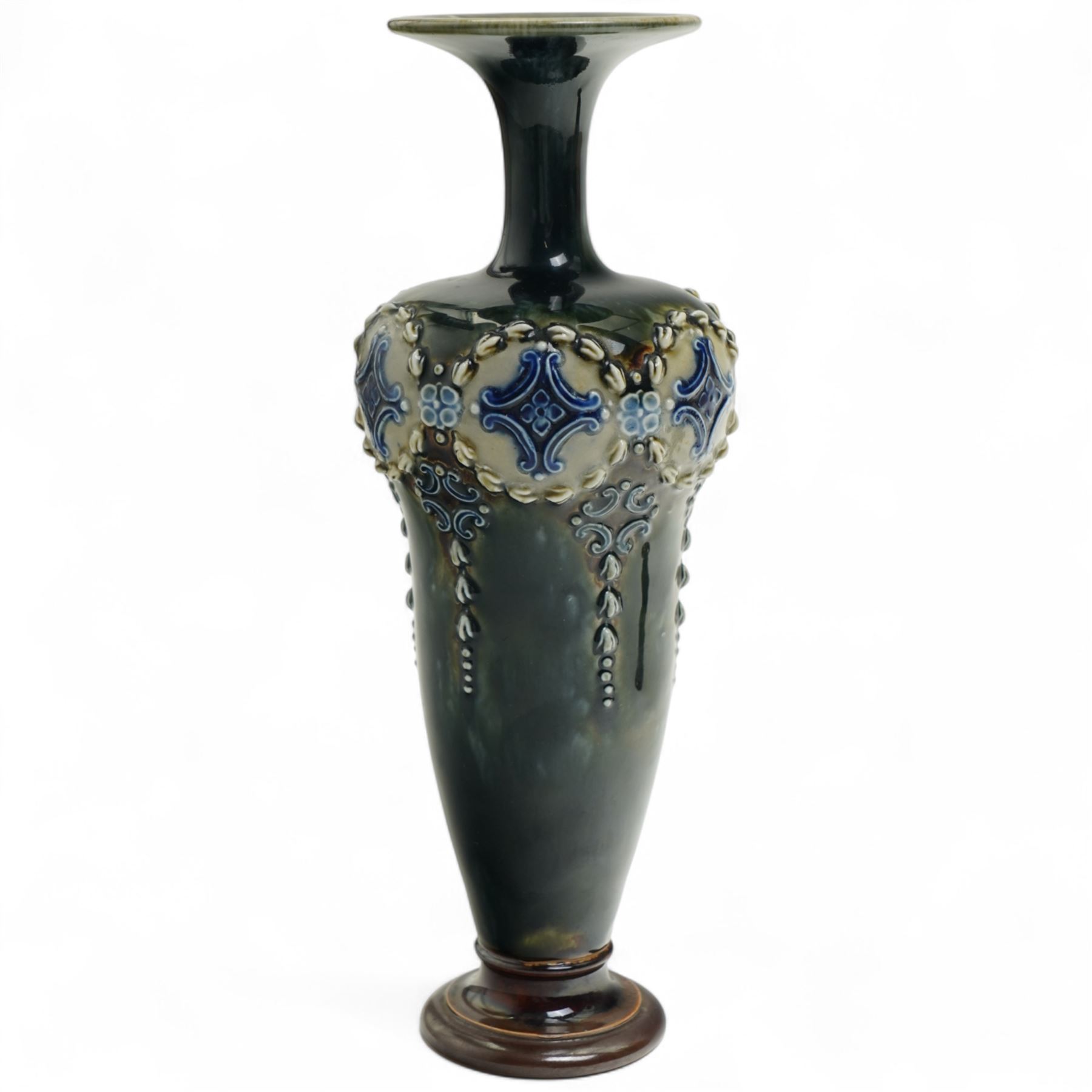 Pair of Royal Doulton stoneware vases, of baluster form with bulbous neck, with trailing white flowers and blue panel decoration, impressed mark and signature to base, 26cm (2)