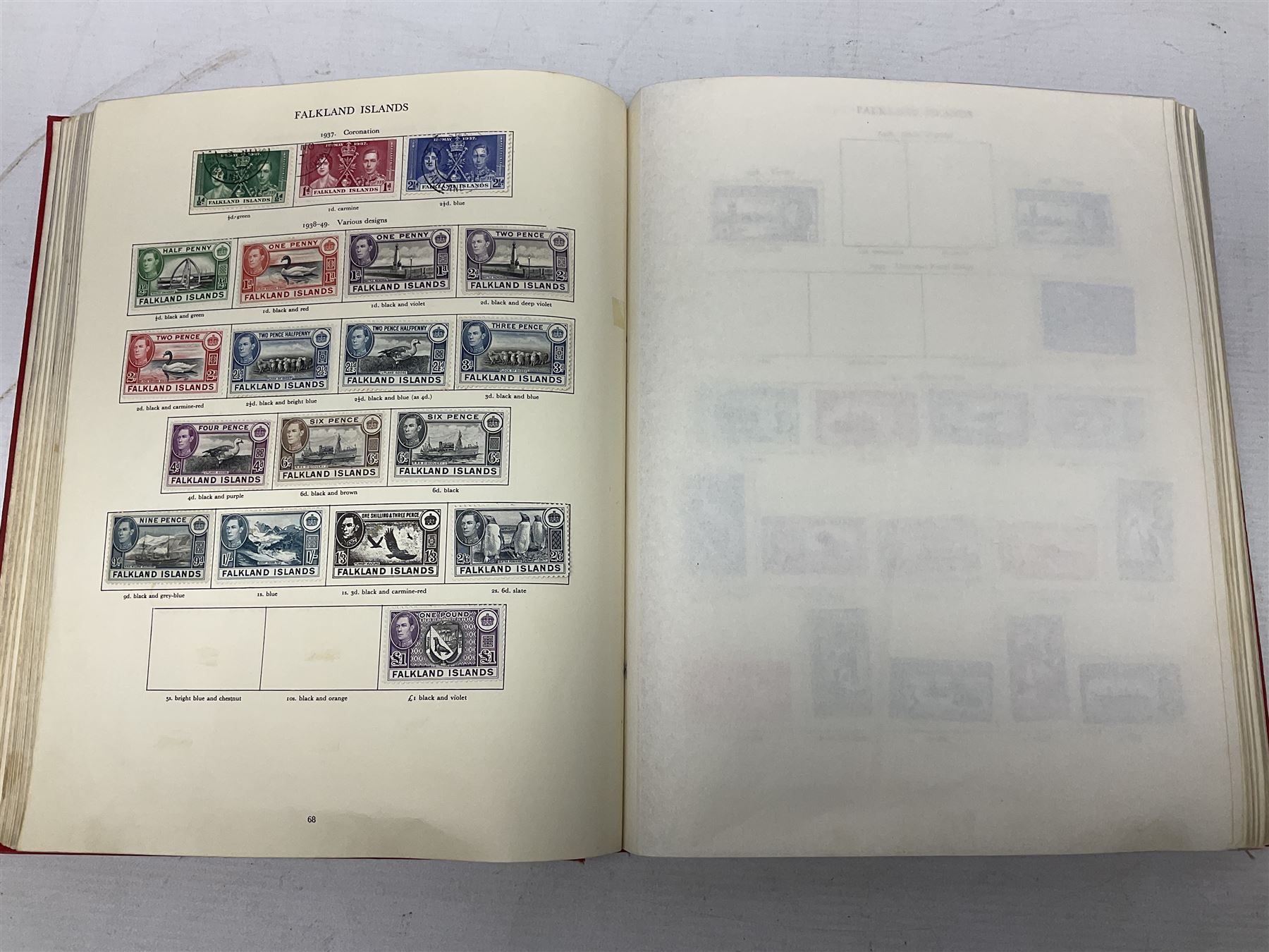 Single album collection of King George VI stamps, including Aden, Antigua, Ascension, Australia, Bahamas, Bahrain, Barbados, Basutoland, Bechuanaland, Bermuda, British Solomon Islands, Brunei, Burma, Cayman Islands, Dominica, Falkland Islands, Gambia, Gilbert and Ellice Islands, Gold Coast, Great Britain 1939-48 set to one pound including ten shilling dark blue, Grenada, Hong Kong, India, Ireland, Jamaica, Leeward Islands, Malta, Mauritius, New Zealand etc