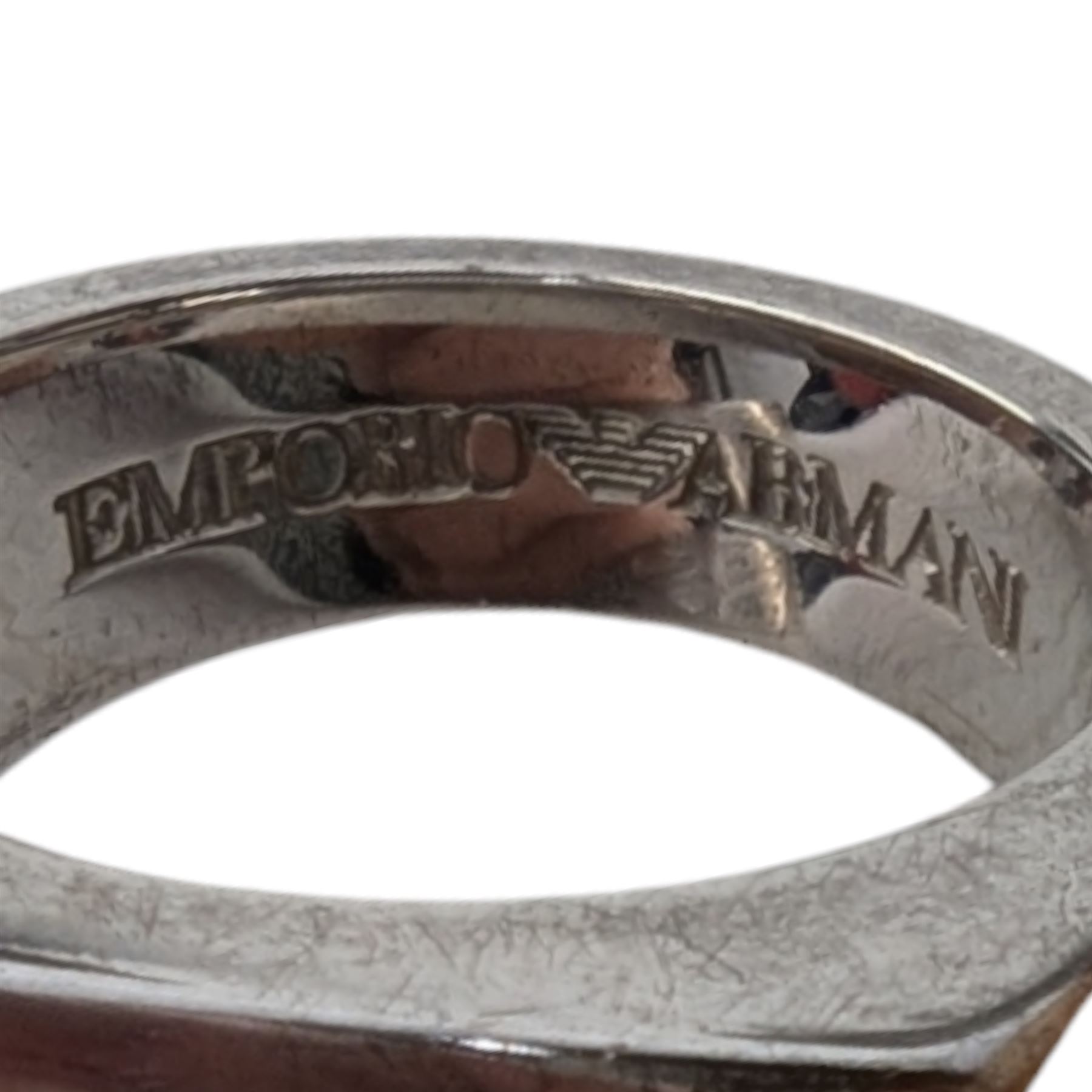 Two gentleman's Armani silver rings (boxed) and Links of London two dial travelling clock (cased)