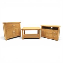 Modern oak living room set comprising; a small side cabinet, corner TV stand and coffee ta...