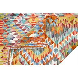 Chobi Kilim multi-coloured ground rug, stepped lozenges enclosed by hooked border 