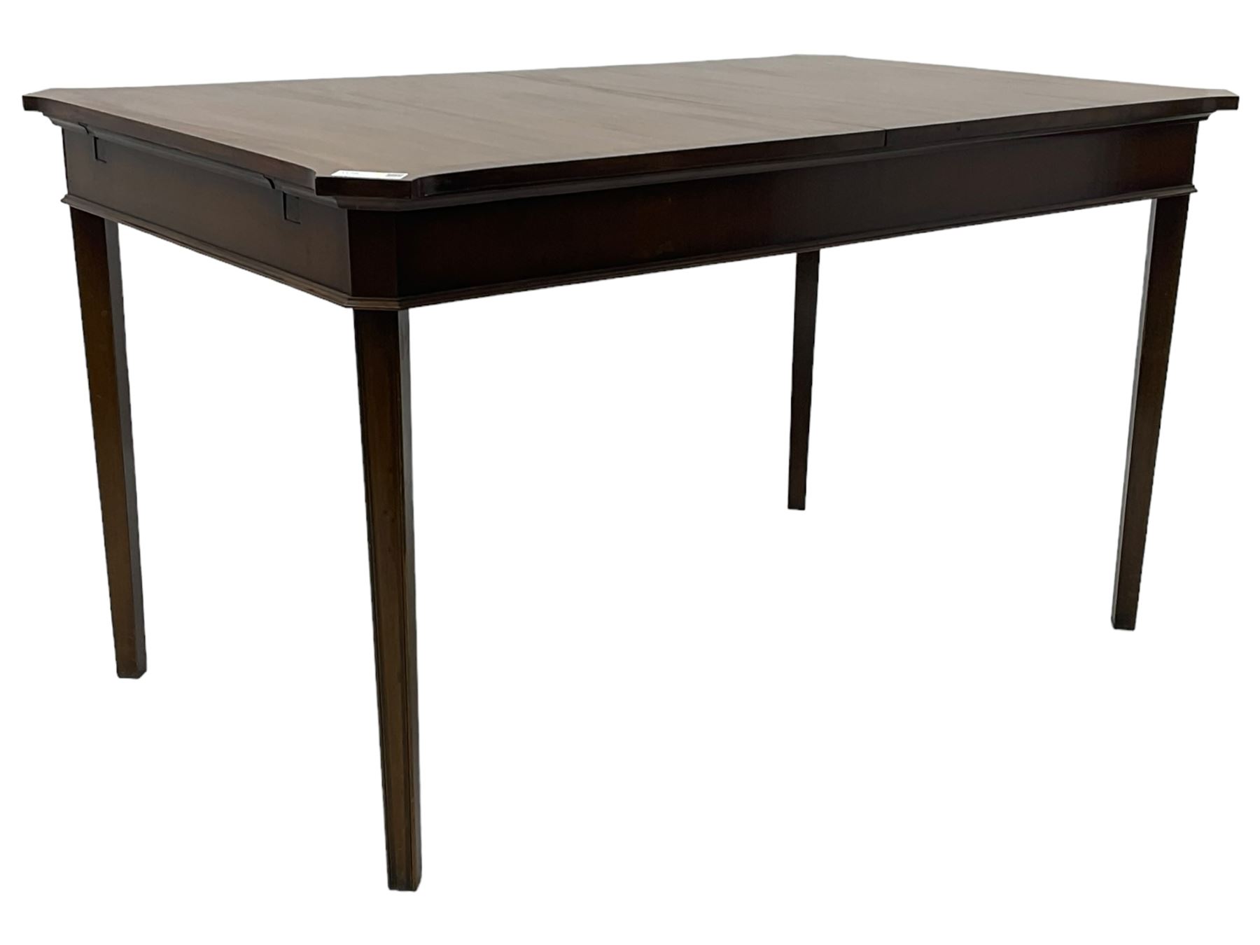 Regency design mahogany extending dining table, rectangular top with extending canted corners, pull-out action with additional leaf (84cm x 136cm - 182cm, H76cm); set of eight Regency design mahogany dining chairs with rope twist rails