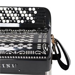 Borsini 5-row basso chromatic button accordion, with 77-black and white buttons, in black high gloss case, with carry strap and original hard carrycase