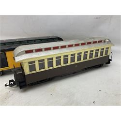 Six Bachmann G scale, gauge 1 rolling stock wagons and carriages, including tram coach, log carrier and tanker, etc, all unboxed 