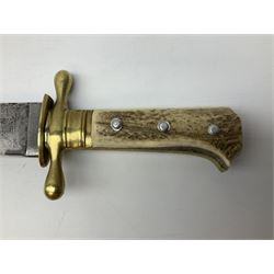 19th century Continental hunting side arm, 53cm single edge blade, impressed ‘Hotel Des Alpe’, brass hilt with antler grips, 67cm overall