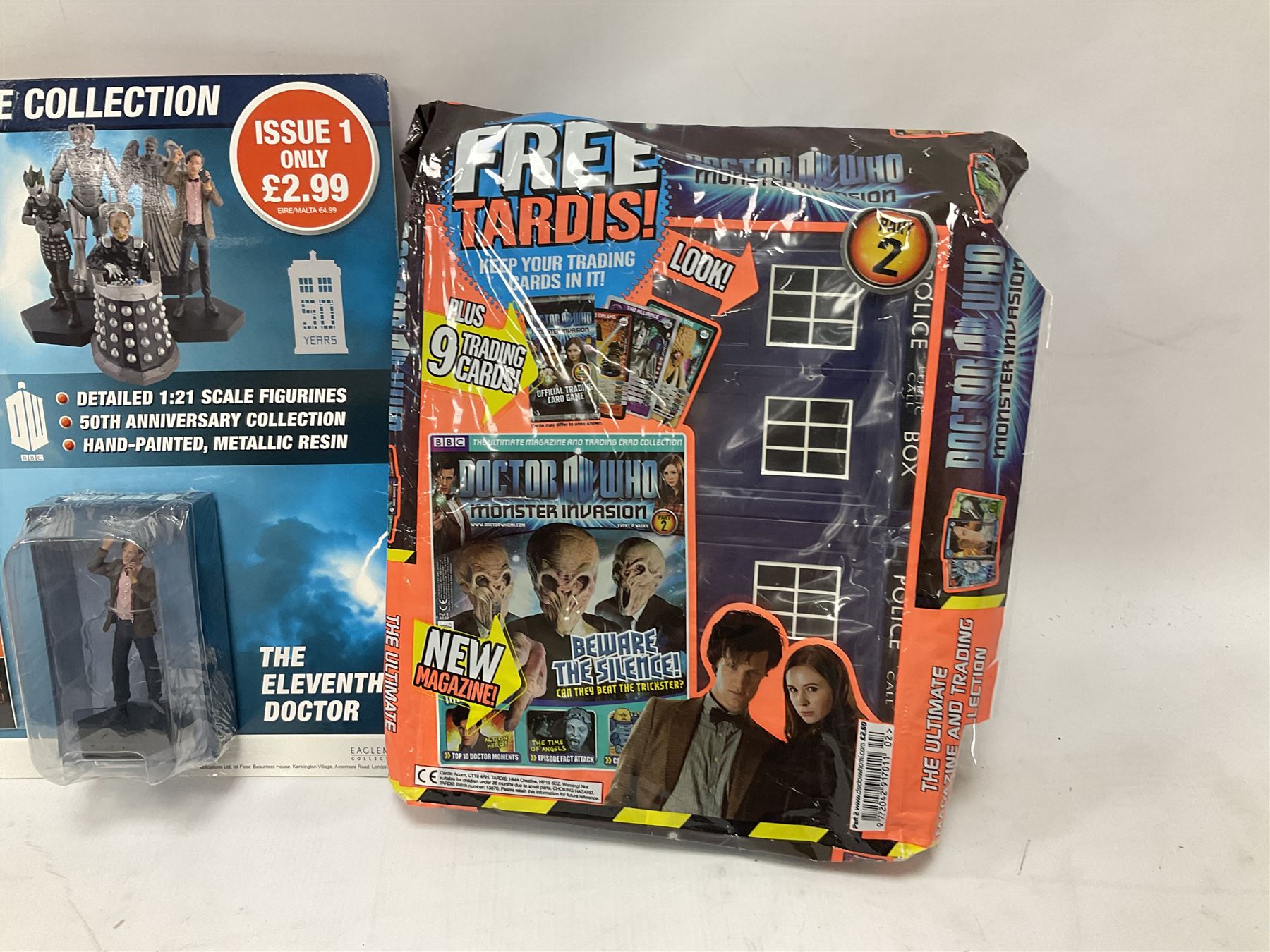 Star Trek - Eaglemoss Official Starships Collection three unopened issue No.1 and Issue No.2; five boxed Fabbri metal figures; and four carded action figures; together with Dr. Who - Eaglemoss Official Figurine Collection unopened Issue No.1; Dr. Who Monster Invasion parts 2 & 3, both unopened; four Dapol carded Dr. Who action figures and two others.