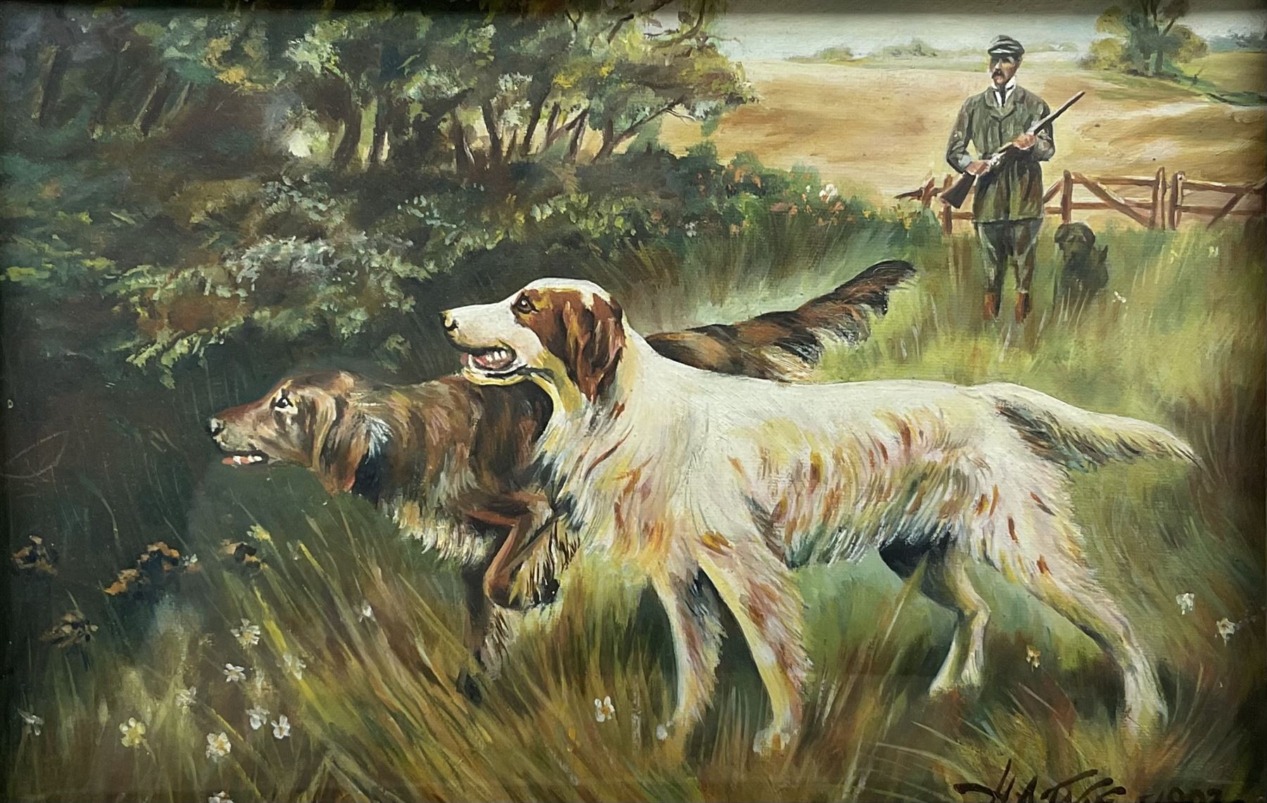 HA Tate (British 19th/20th century): 'Sheffield' Gun Dogs, oil on canvas signed and dated 1903, titled verso 19cm x 29cm