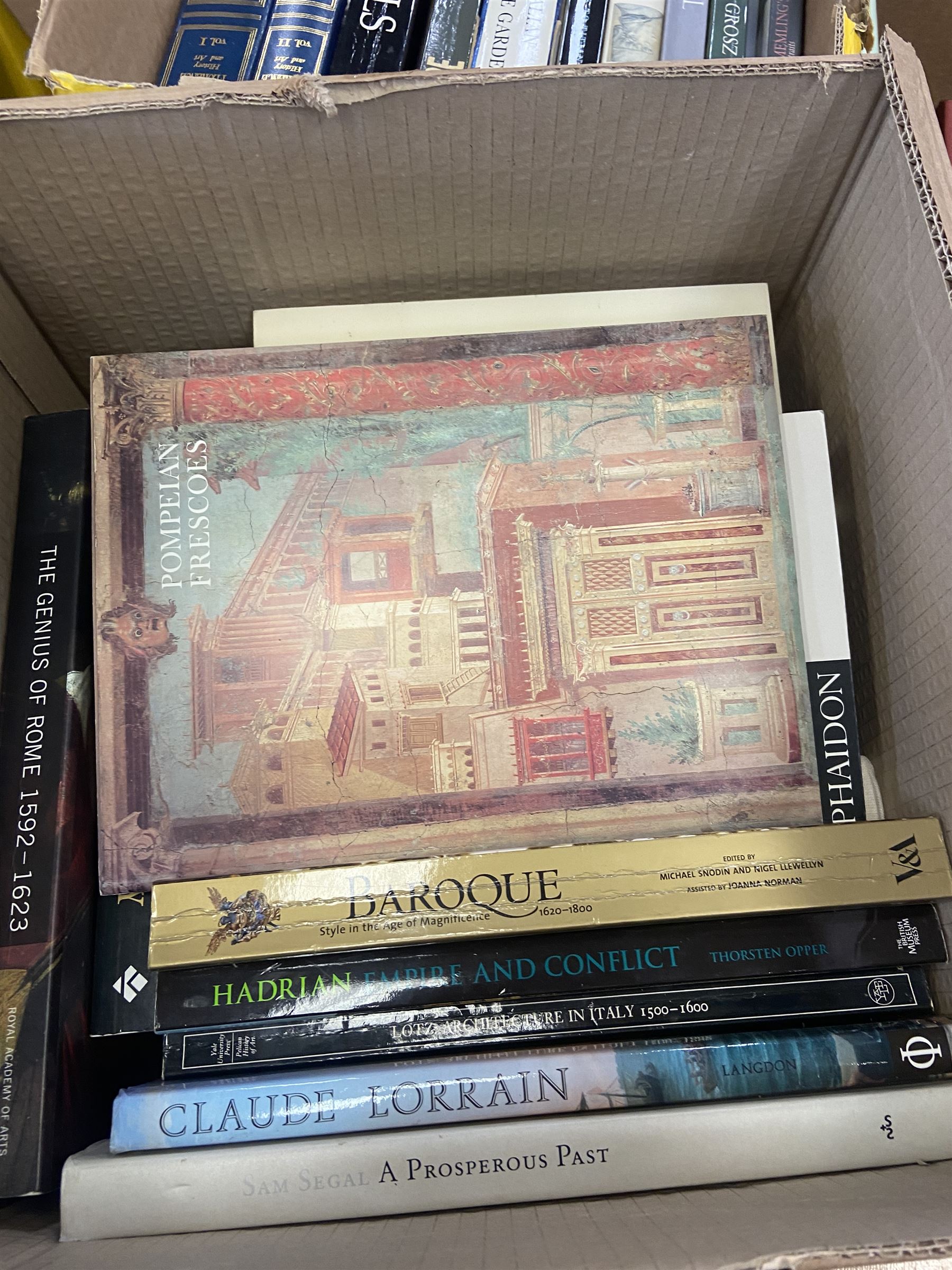 Large quantity of art reference books predominantly in English, to include David Hockney a Retrospective, The Folio Society; The Story of the Renaissance, Henry Moore, etc in four boxes   