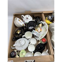 Large quantity of Victorian and later ceramics, to include teapots, Royal Worcester clock, Delft style, animal figures,  Sadler Shooting Scenes novelty teapot, commemorative ware, etc, three boxes