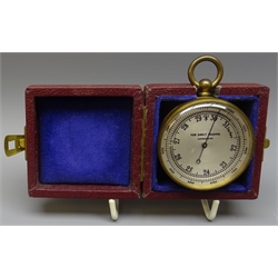  Late 19th century lacquered brass Balloon/Mountain pocket Compensated Barometer, silvered dial with rotating height bezel, D5cm, in square case  