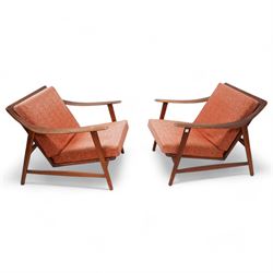  Arne Hovmand-Olsen (1919-1989) for Mogens Kold of Denmark - pair of mid-20th century teak open easy chairs, sprung loose cushions upholstered in loose foliate patterned burnt orange fabric, stamped to underside of chair