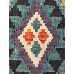 Afghan Maimana Kilim flatweave runner, handwoven with a teal ground featuring a bold multicoloured diamond-lattice design, enclosed by stylised border motifs, finished with fringed edge
