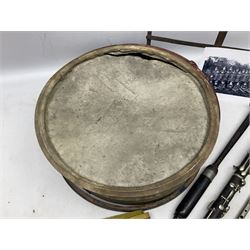 Disassembled early 20th century Boys Brigade snare drum D37cm with copy WW1 period photograph of the Kirbymoorside Boys Brigade; early 20th century hardwood clarinet; bagpipes chanter; and Dulcet E-flat penny whistle