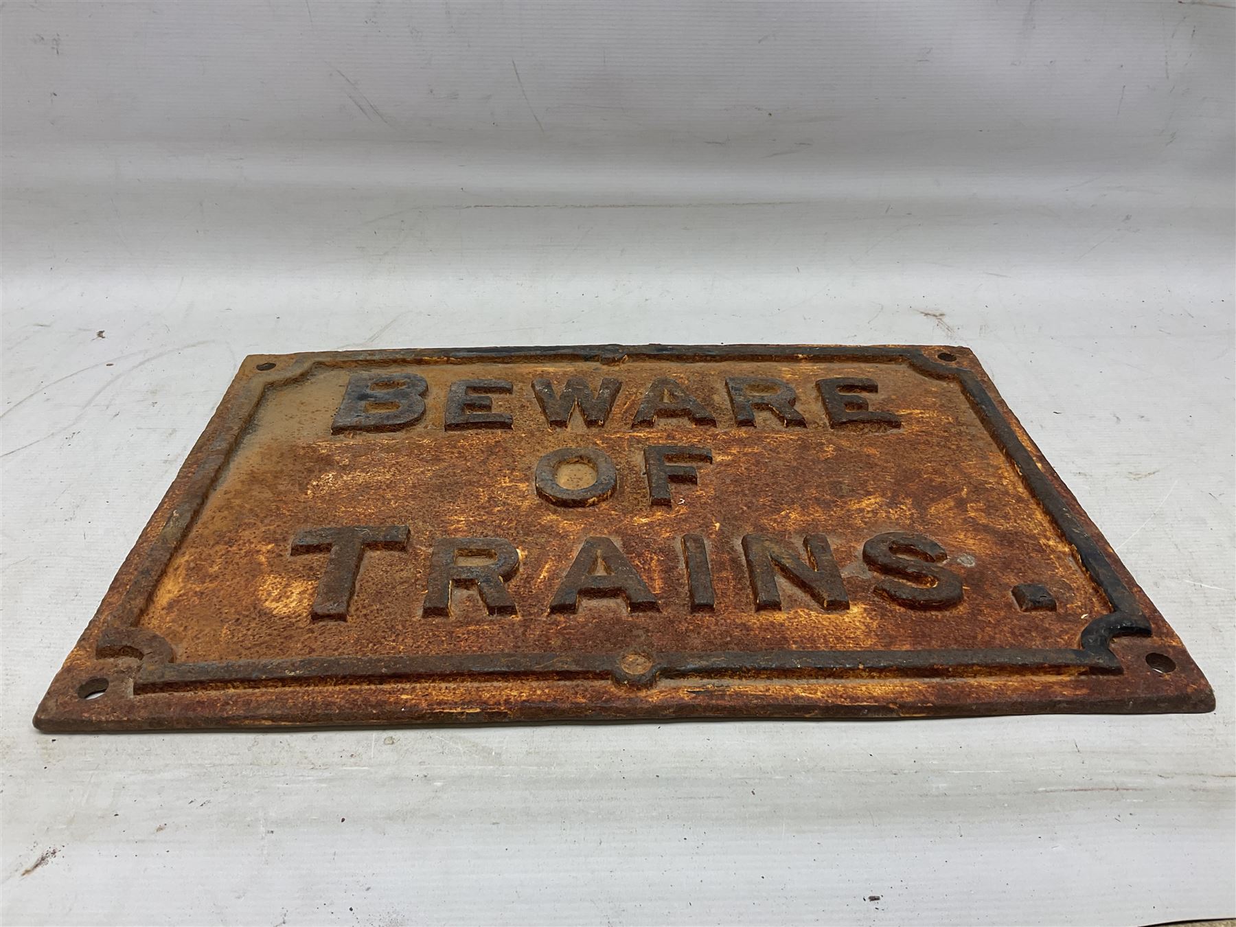 Large cast iron sign 'Beware of Trains', H38cm, L56cm