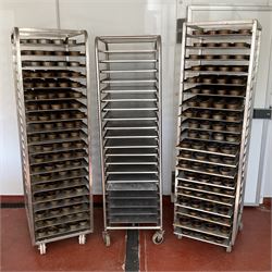 Three stainless steel 20 tray trolley racks with trays (pie tins not included) - THIS LOT IS TO BE COLLECTED BY APPOINTMENT FROM DUGGLEBY STORAGE, GREAT HILL, EASTFIELD, SCARBOROUGH, YO11 3TX