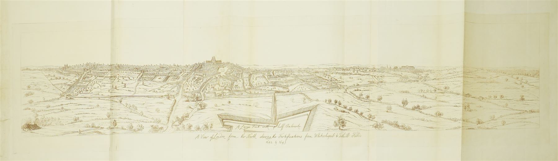 After Wenceslaus Hollar (17th century): ‘A View of London from the North, shewing the Fortifications from Whitechapel to Tothill Fields, 1642 & 1643’, large 19th-century lithographic facsimile on watermarked paper, folding panoramic sheet 38cm x 110cm (unframed)