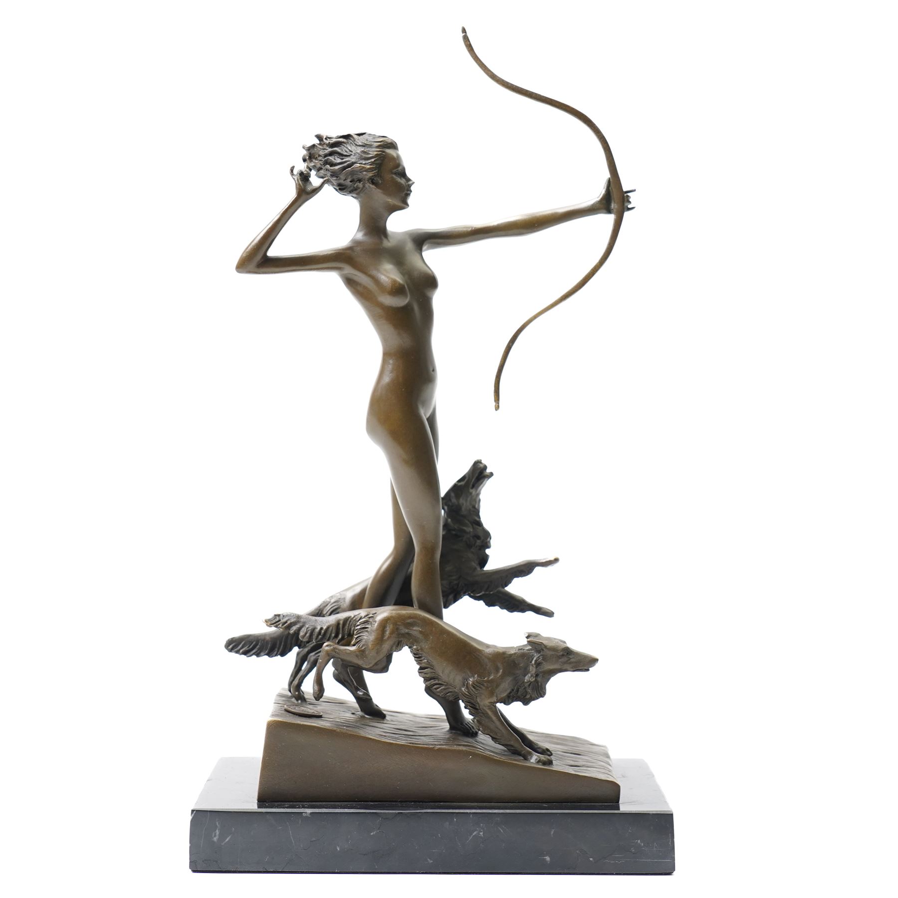 Bronze figure of Diana and her hounds, signed 'Lozenzl' to base, H33cm 