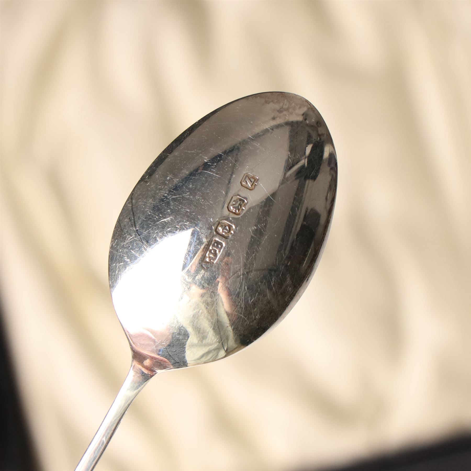Set of six silver coffee spoons Birmingham 1933 , another set with bright cut stems and set of six silver handled pastry knives, all cased